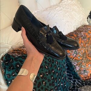 Stuart Weitzman Black Croc-Embossed Loafers